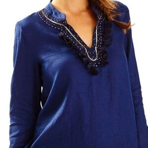 NWT LILLY PULITZER Amelia Island tunic true navy XL NEW gold navy accent fringe